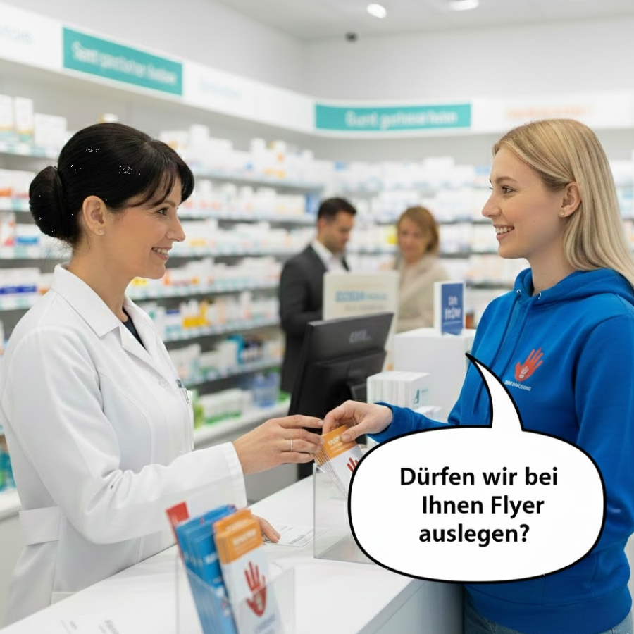 Professioneller Flyerverteiler der bei einer Apotheke fragt ob Flyer ausgelegt werden dürfen