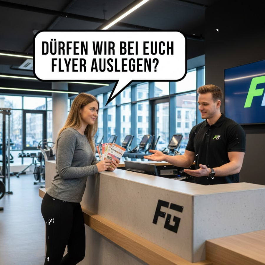 Professionelle Flyerverteilerin bei Flyerauslage im Gym